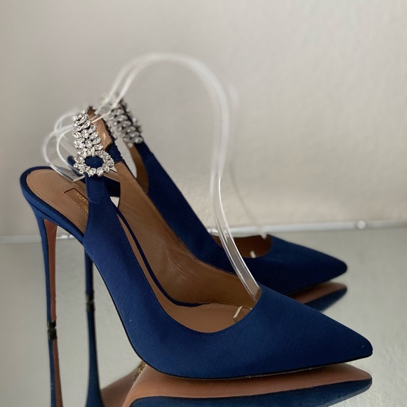 New ๐ Aquazzura Blue Portrait Of A Lady Embellished Slingback Pumps 40 - Picture 7 of 15